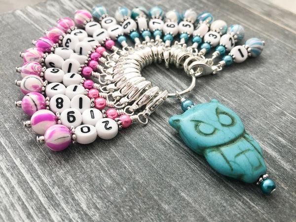 10-30 Number Stitch Markers with Owl Holder for Knitting or